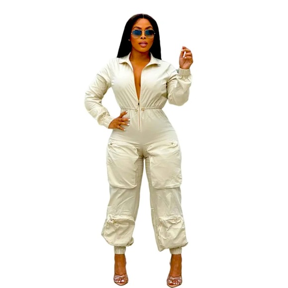 NWT Beige jumpsuit - cargo - fitted with some stretch - dress up or down! - Picture 1 of 2